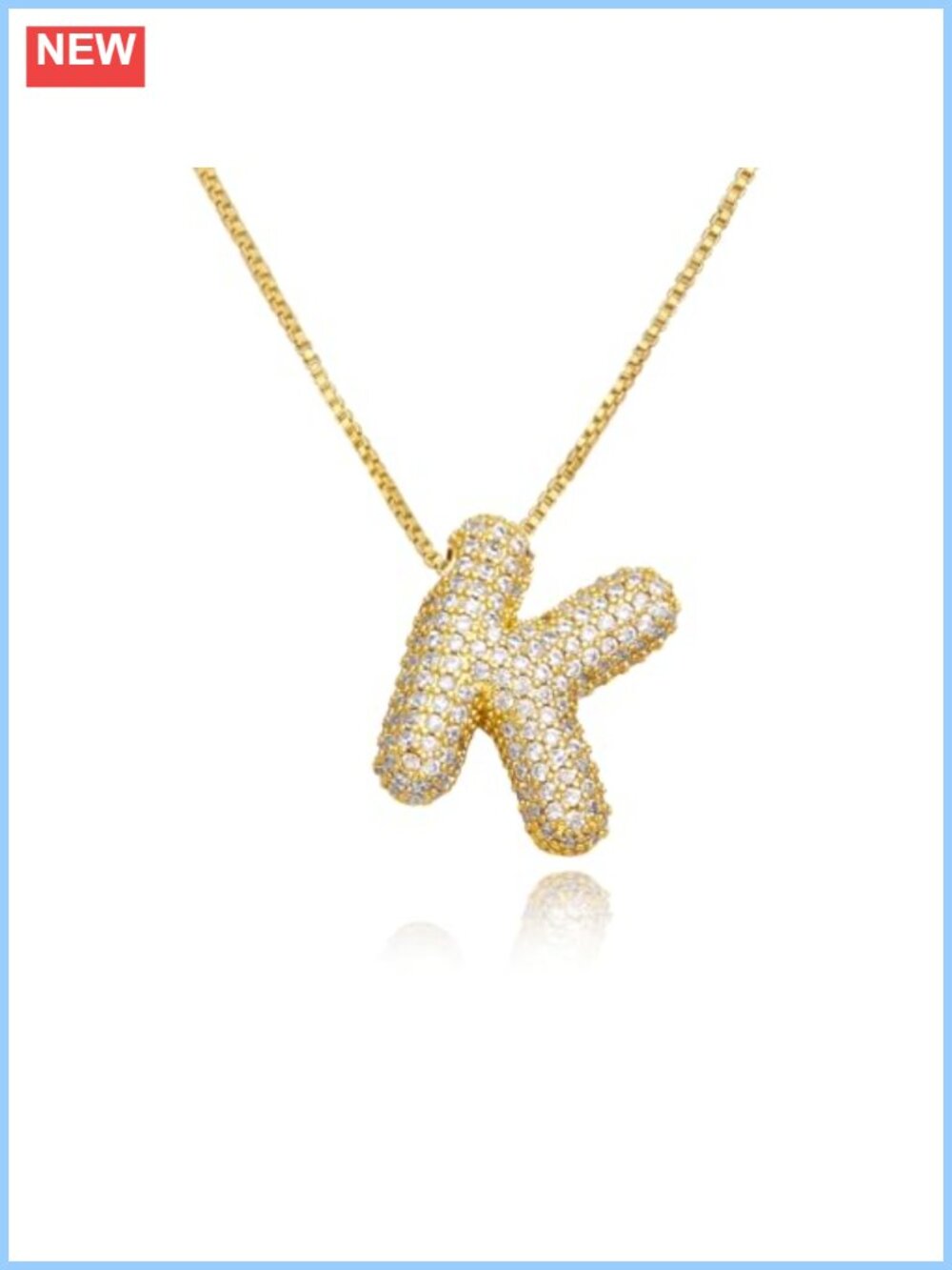18K Gold Bubble letter K Necklace, Chunky Rhinestone Initial Pendant, Non